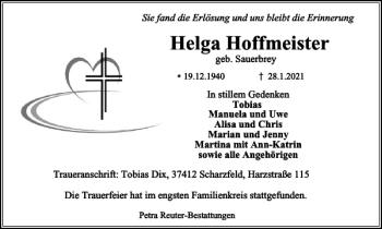 Traueranzeige von Helga Hoffmeister von Harz Kurier