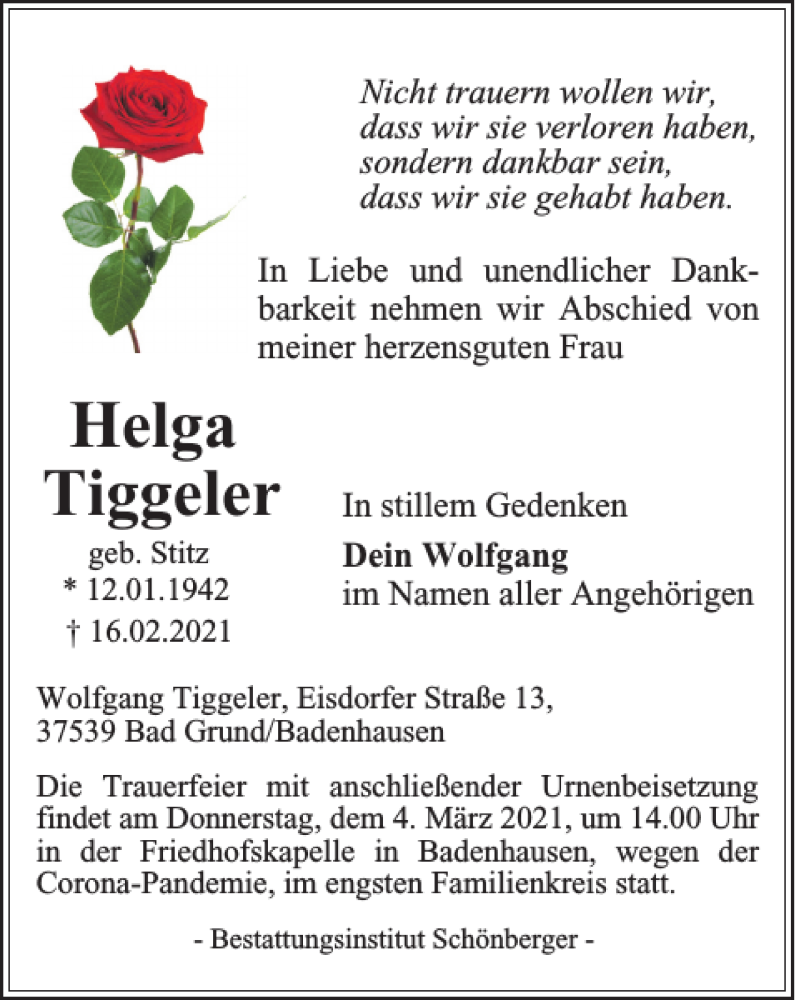  Traueranzeige für Helga Tiggeler vom 20.02.2021 aus Harz Kurier