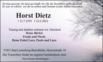Traueranzeige von Horst Dietz von Harz Kurier