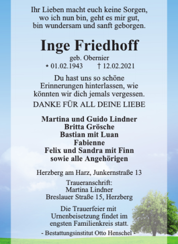 Traueranzeige von Inge Friedhoff von Harz Kurier