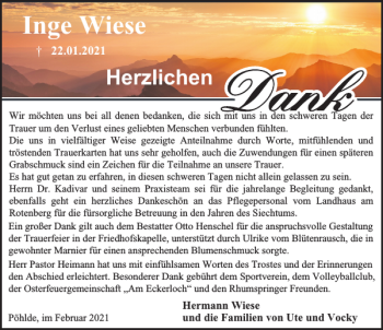 Traueranzeige von Inge Wiese von Harz Kurier