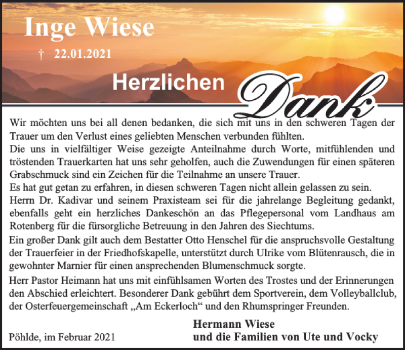  Traueranzeige für Inge Wiese vom 20.02.2021 aus Harz Kurier
