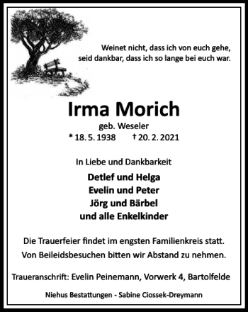 Traueranzeige von Irma Morich von Harz Kurier