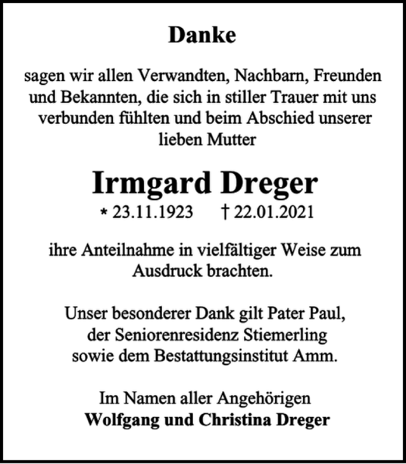  Traueranzeige für Irmgard Dreger vom 26.02.2021 aus Harz Kurier