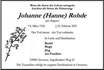 Traueranzeige von Johanne Hanne Rohde von Harz Kurier