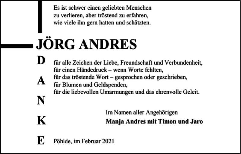  Traueranzeige für JÖRG ANDRES vom 13.02.2021 aus Harz Kurier