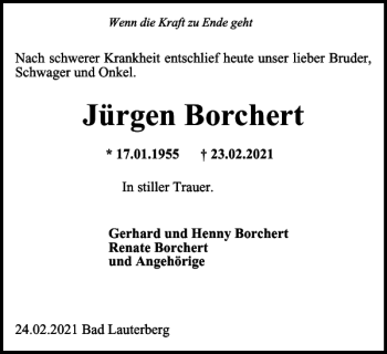 Traueranzeige von Jürgen Borchert von Harz Kurier
