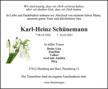 Traueranzeige von Karl-Heinz Schünemann von Harz Kurier