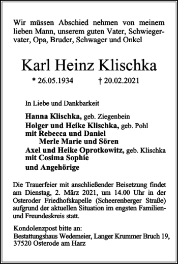 Traueranzeige von Karl Heinz Klischka von Harz Kurier