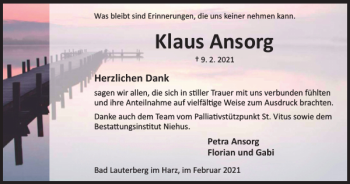 Traueranzeige von Klaus Ansorg von Harz Kurier