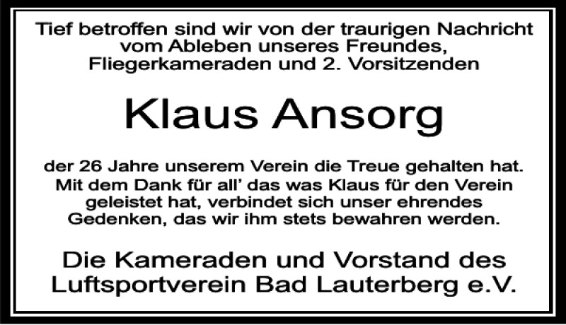  Traueranzeige für Klaus Ansorg vom 20.02.2021 aus Harz Kurier
