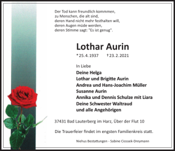 Traueranzeige von Lothar Aurin von Harz Kurier