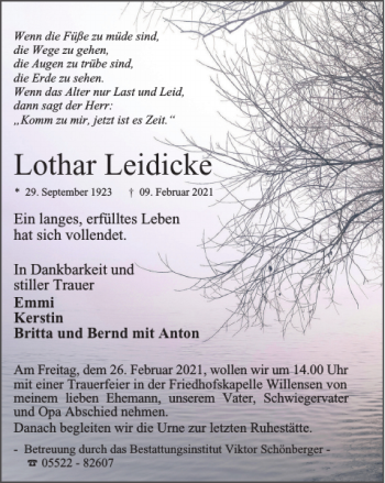 Traueranzeige von Lothar Leidicke von Harz Kurier