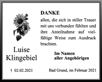 Traueranzeige von Luise Klingebiel von Harz Kurier