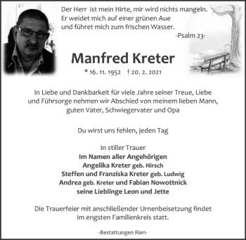 Traueranzeige von Manfred Kreter von Harz Kurier