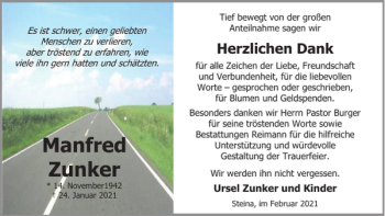Traueranzeige von Manfred Zunker von Harz Kurier