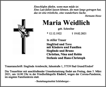 Traueranzeige von Maria Weidlich von Harz Kurier