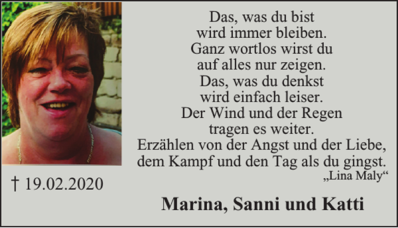  Traueranzeige für Marina Sanni und Katti vom 19.02.2021 aus Harz Kurier