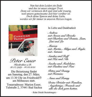 Traueranzeige von Peter Esser von Harz Kurier