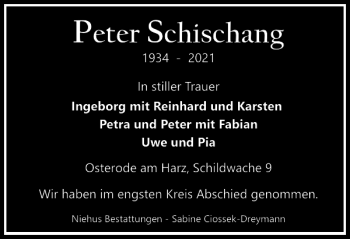 Traueranzeige von Peter Schischang von Harz Kurier