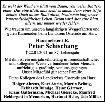 Traueranzeige von Peter Schischang von Harz Kurier