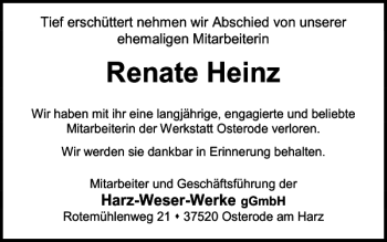 Traueranzeige von Renate Heinz von Harz Kurier