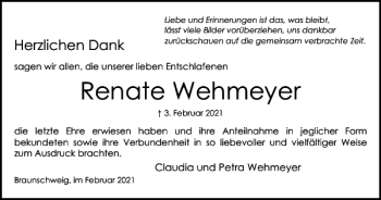 Traueranzeige von Renate Wehmeyer von Harz Kurier