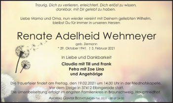Traueranzeige von Renate Adelheid Wehmeyer von Harz Kurier