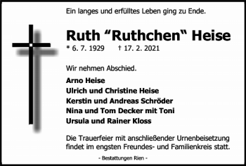 Traueranzeige von Ruth Ruthchen Heise von Harz Kurier