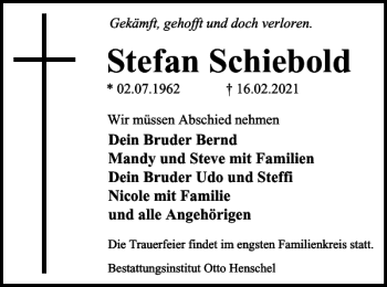 Traueranzeige von Stefan Schiebold von Harz Kurier