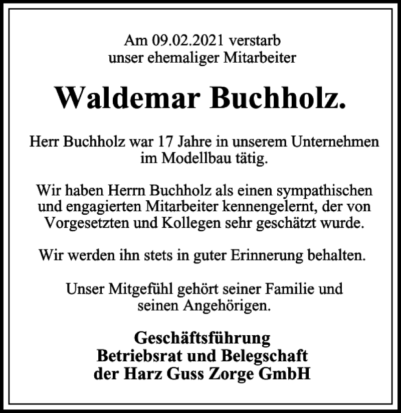  Traueranzeige für Waldemar Buchholz vom 20.02.2021 aus Harz Kurier