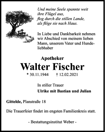 Traueranzeige von Walter Fischer von Harz Kurier