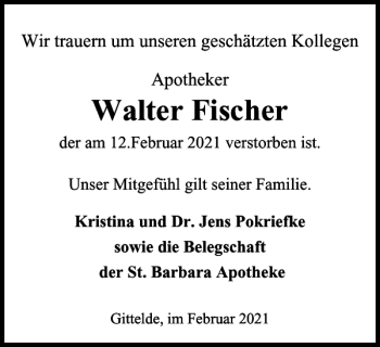 Traueranzeige von Walter Fischer von Harz Kurier