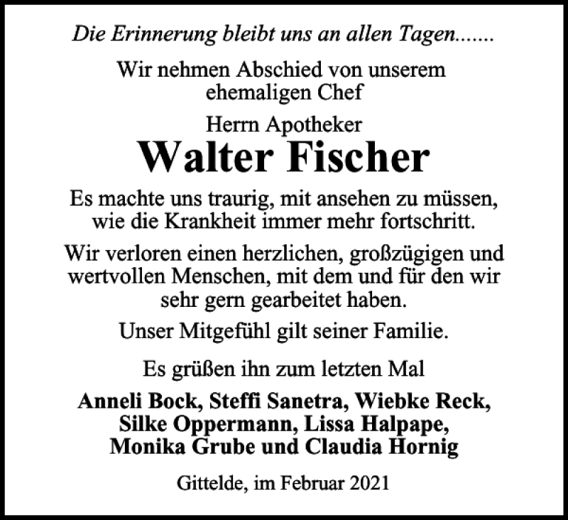  Traueranzeige für Walter Fischer vom 20.02.2021 aus Harz Kurier