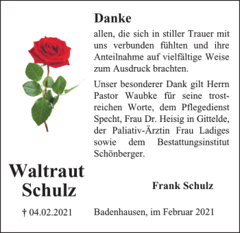 Traueranzeige von Waltraut Schulz von Harz Kurier