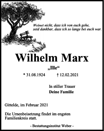 Traueranzeige von Wilhelm Marx von Harz Kurier