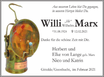 Traueranzeige von Willi Marx von Harz Kurier