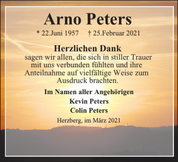 Traueranzeige von Arno Peters von Harz Kurier