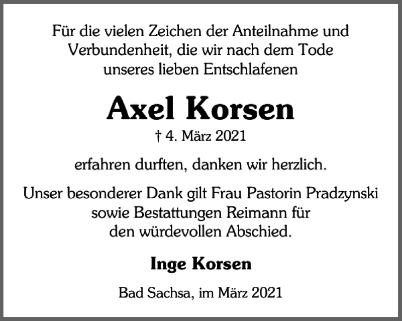  Traueranzeige für Axel Korsen vom 27.03.2021 aus Harz Kurier