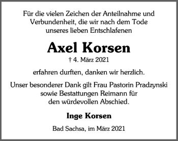 Traueranzeige von Axel Korsen von Harz Kurier