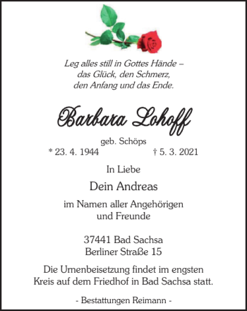 Traueranzeige von Barbara Lohoff von Harz Kurier