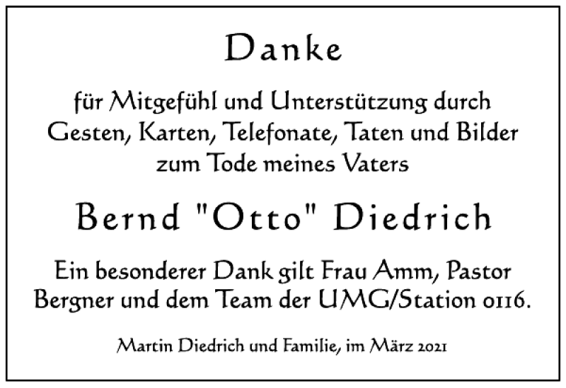  Traueranzeige für Bernd Otto Diedrich vom 26.03.2021 aus Harz Kurier
