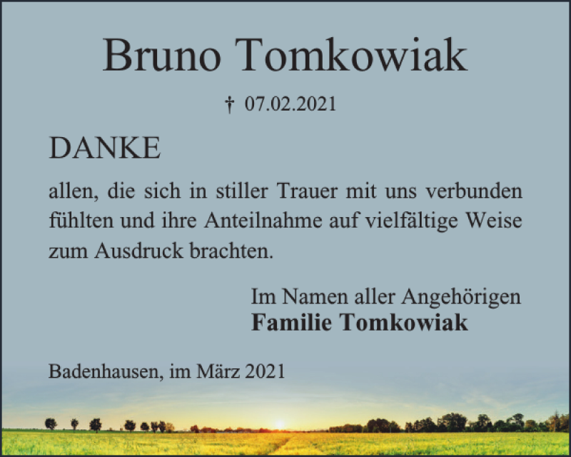  Traueranzeige für Bruno Tomkowiak vom 06.03.2021 aus Harz Kurier