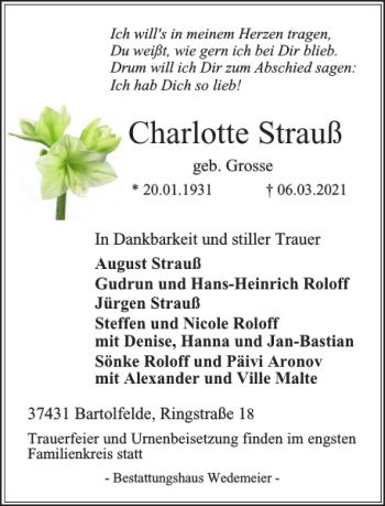 Traueranzeige von Charlotte Strauß von Harz Kurier