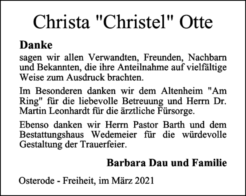  Traueranzeige für Christa Christel Otte vom 20.03.2021 aus Harz Kurier