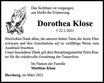 Traueranzeige von Dorothea Klose von Harz Kurier