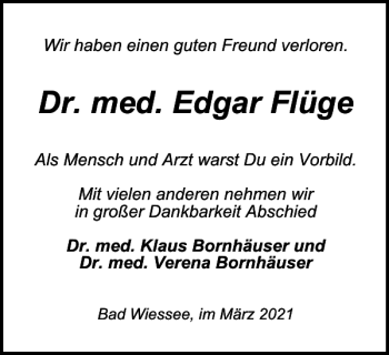 Traueranzeige von Dr. med. Edgar Flüge von Harz Kurier