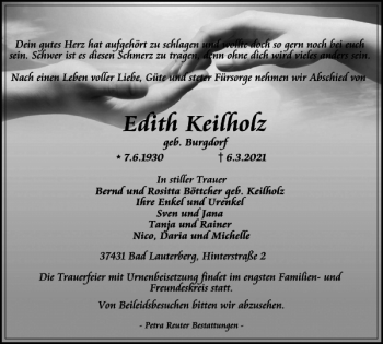 Traueranzeige von Edith Keilholz von Harz Kurier