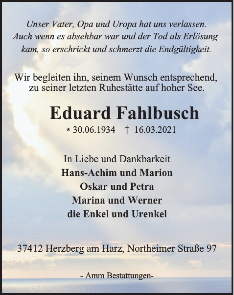  Traueranzeige für Eduard Fahlbusch vom 20.03.2021 aus Harz Kurier