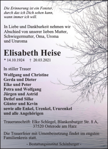 Traueranzeige von Elisabeth Heise von Harz Kurier